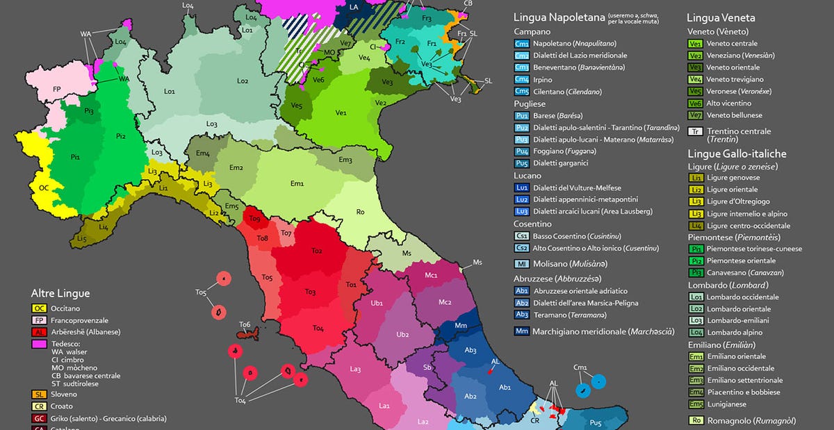 Ecco la mappa con tutti i dialetti d'Italia. Sai quanti sono?