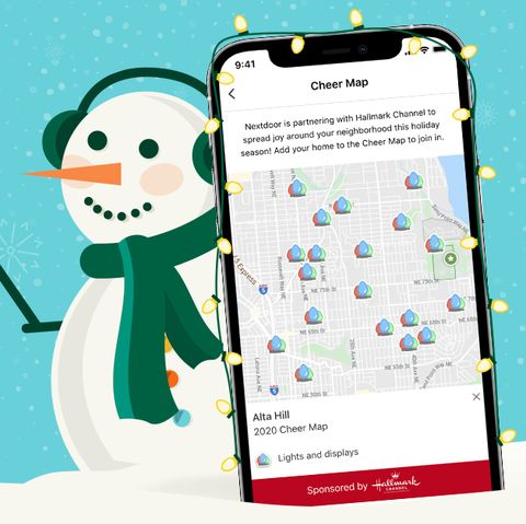 nextdoor cheer map promo with snowman holding a phone with a map