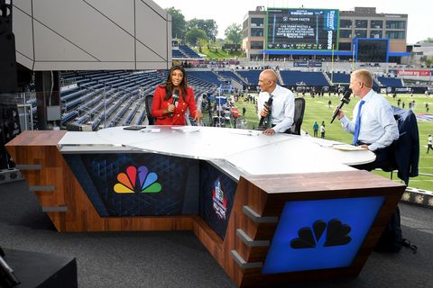 nbc sports commentator maria taylor speaks during a segment with analysts tony dungy and jason garrett prior to the 2022 pro hall of fame game between the jacksonville jaguars and the las vegas raiders at tom benson hall of fame stadium on august 04, 2022 in canton, ohio