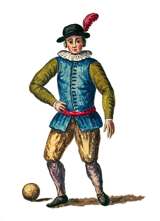 Een Venetiaanse calciospeler met zijn kenmerkende kleding en een bal Ingekleurde gravure Museo Correr Venetie
