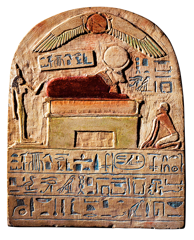 Deze stle uit de 21ste Dynastie werd ontdekt in het Serapeum van Sakkara Hij verbeeldt de verering van deze heilige dieren