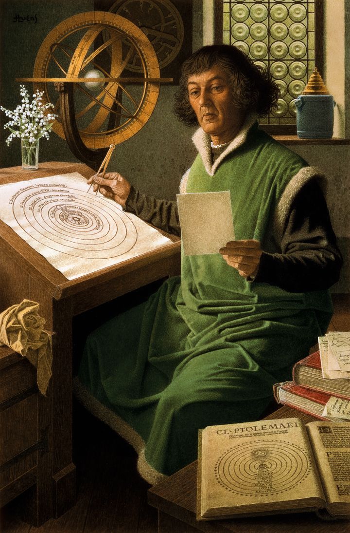 Op deze lithografie van JeanLon Huens werkt Nicolaas Copernicus aan zijn heliocentrische theorie Links het omslag van een editie van Narratio prima uit 1566 waarin zijn onderzoek werd samengevat