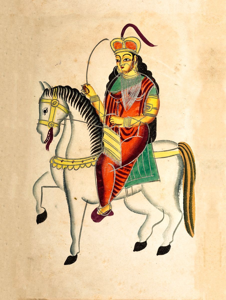 Lakshmibai Rani van Jhansi op een paard en met een zwaard in haar hand 19deeeuwse tekening