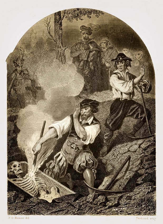 Het einde van een vampier Gravure uit Les Tribunaux de Secrets uit 1864