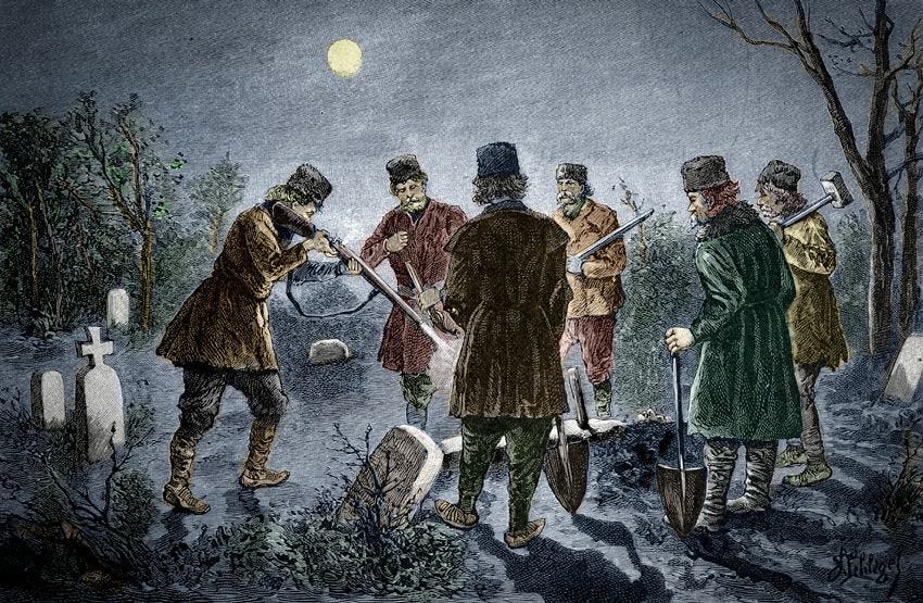 Een man beschiet In Transsylvani een opgegraven lichaam dat kort daarvoor met een staak is doorboord 19deeeuwse Gravure