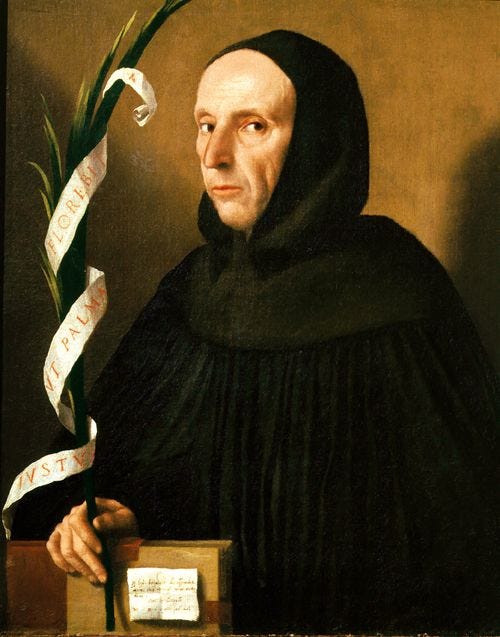 Vermoedelijk is dit een portret van Girolamo Savonarola van de hand van de maniristische schilder Alessandro Bonvicino Links is het wapen te zien van het Florentijnse wolweversgilde dat een sleutelrol speelde bij het in het zadel helpen van het geslacht De Medici Museo Di Castelvecchio Verona