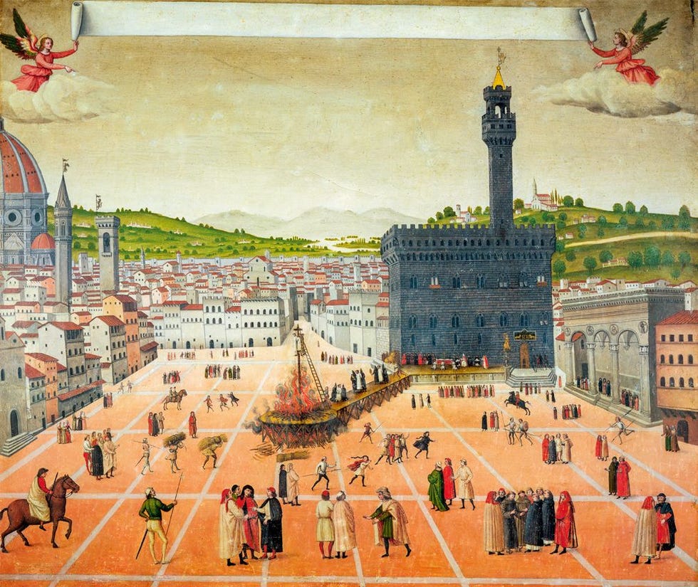 De executie van Savonarola en twee andere dominicaner monniken werd op 23 mei 1498 voltrokken op de Piazza della Signoria Museo di San Marco Florence