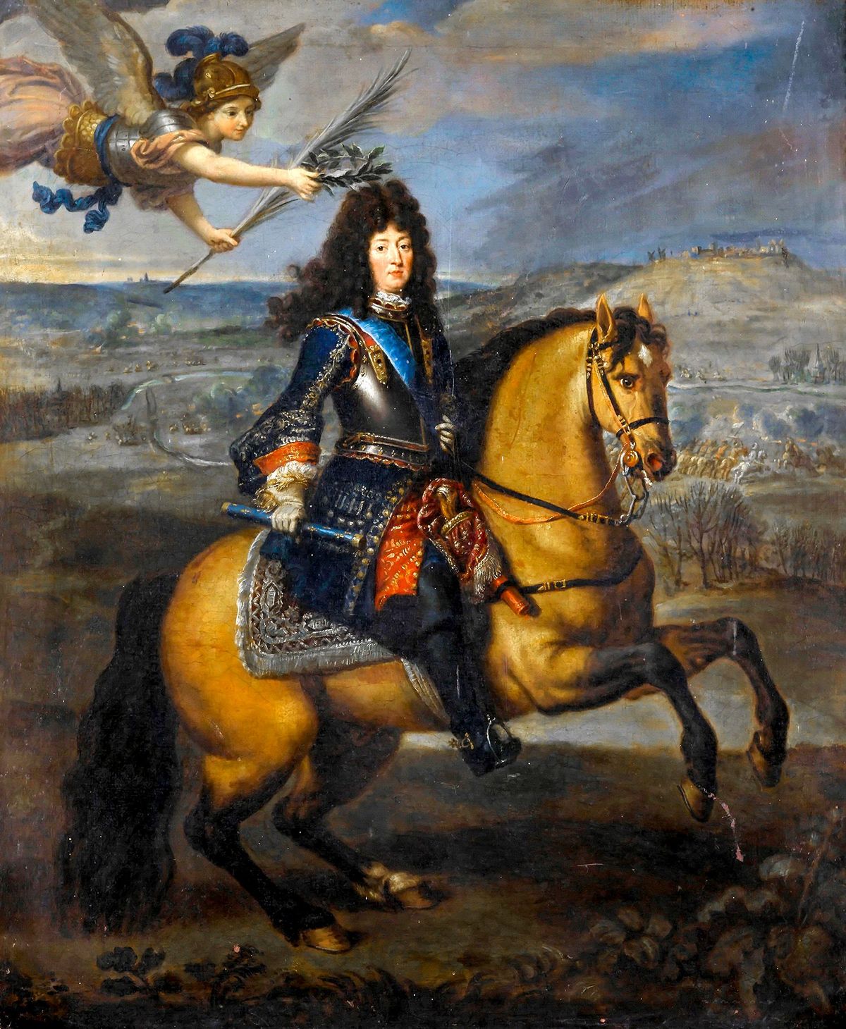 Ruim behaard De Franse koning Lodewijk XIV wordt gekroond door Victoria als gevolg van zijn overwinning op Maastricht in 1673 Omdat hij vanaf zijn 17de kaal werd droeg hij lange krullende pruiken Het werd de nieuwe grote mode