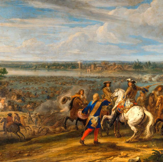 een schilderij van de franse koning lodewijk xiv die bij lobith de rijn oversteekt