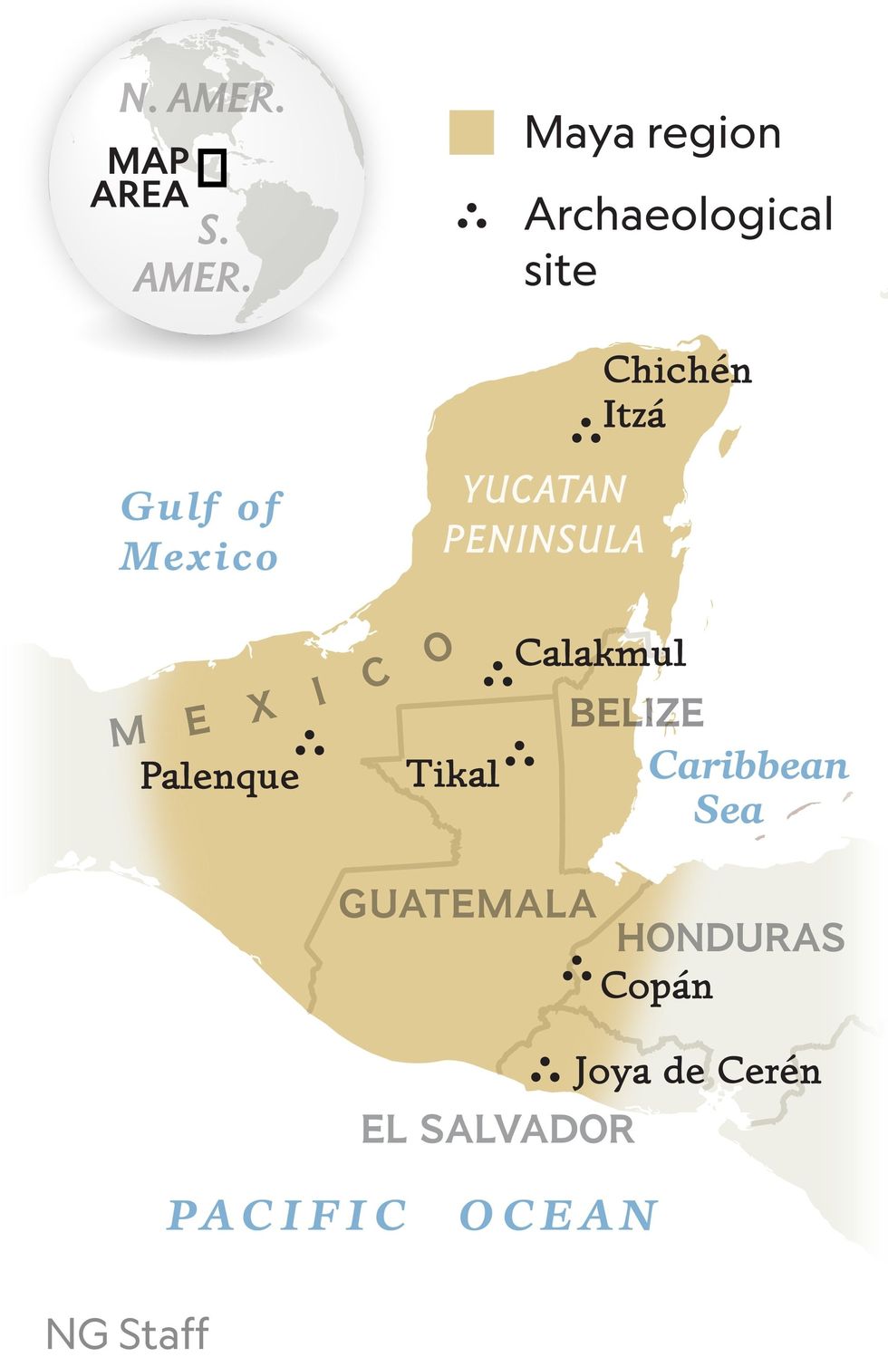 Detailkaart  gebied van de Mayas  archeologische vindplaats