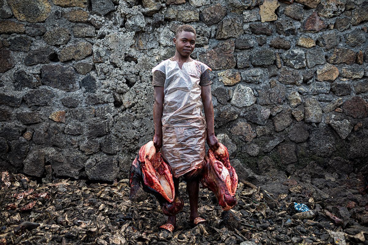 Bij het openbare slachthuis in Goma in het oosten van de Democratische Republiek Congo verkoopt een jongen koeienkoppen De gemiddelde prijs voor een kop is 4500 Congolese frank twee euro Vlees dat in het Westen tot separator vlees wordt verwerkt staat in Congo soms op het menu als delicatesse