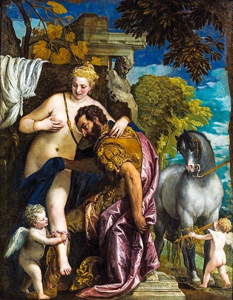 Ca 1570 Mars en Venus verenigd door de liefdeOp dit schilderij van Paolo Veronese verbindt Cupido de Romeinse god Mars en de godin Venus met een liefdesknoop