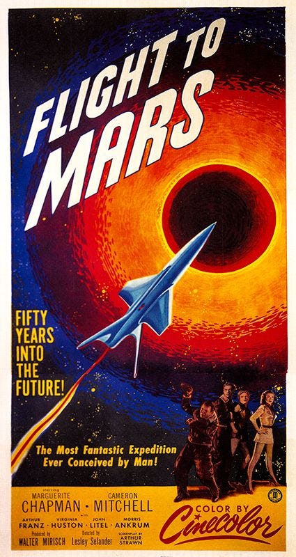 Flight to MarsIn deze film blijkt Mars bevolkt te zijn door uitstervende onderaardse wezens die op mensen lijken Ze zouden weleens een invasie van de aarde kunnen voorbereiden
