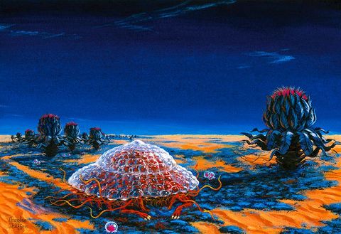 Sagans visieVoor National Geographic bedacht Carl Sagan stralingsbestendige Marsmannetjes in glazen omhulsels Ze eten koolachtige planten die s nachts dichtgaan