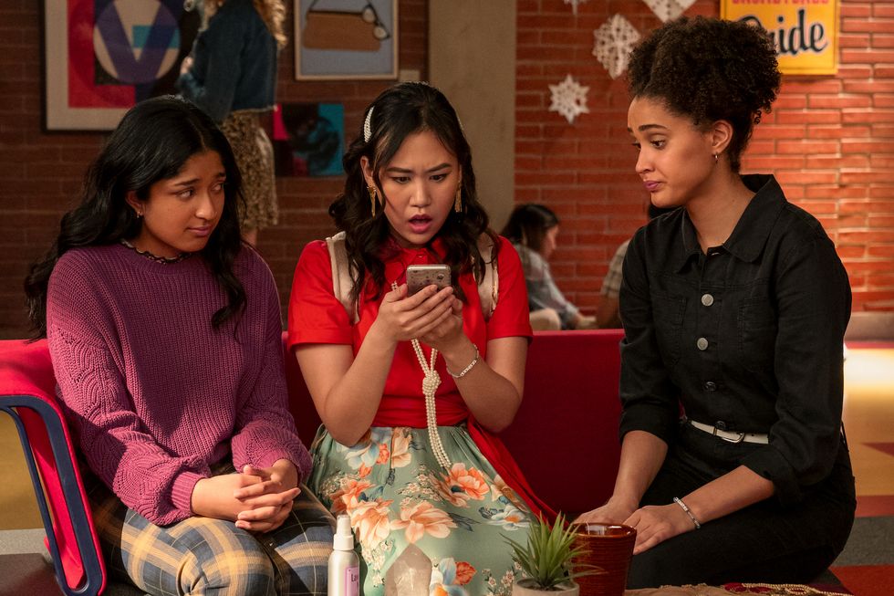 never have i ever l to r maitreyi ramakrishnan as devi vishwakumar, ramona young as eleanor wong, and lee rodriguez as fabiola torres in episode 208 of never have i ever cr isabella b vosmikovanetflix © 2021