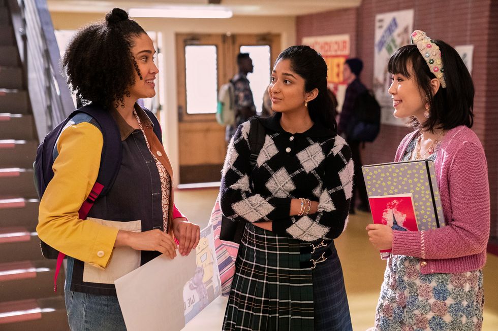 never have i ever l to r lee rodriguez as fabiola torres, maitreyi ramakrishnan as devi, ramona young as eleanor wong in episode 401 of never have i ever cr lara solankinetflix © 2023