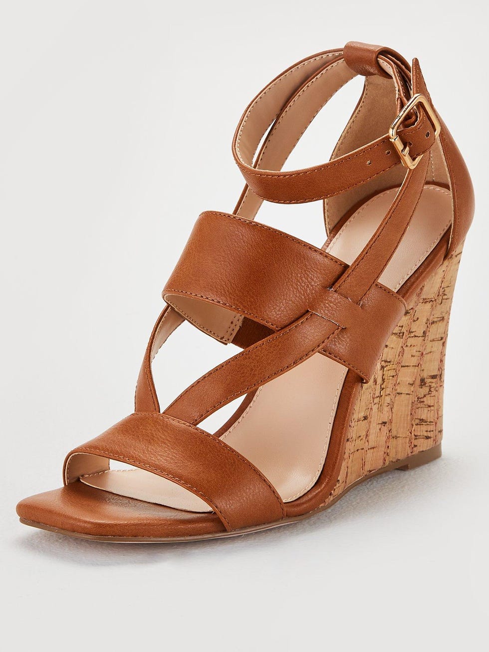 V by Very Giulia Ankle Strap Cork Wedge Sandal - Tan