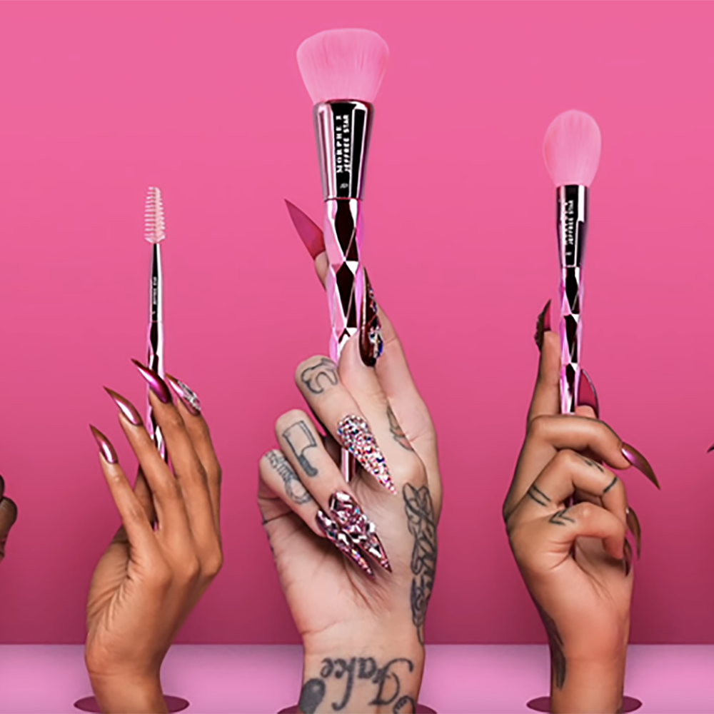 JEFFREE STAR Collaboration with MORPHE BRUSHES BEAUTY AD CAMPAIGN-  Strawberry, Makeup Brushes, Strawberries, Pink and Green, Half Face Makeup