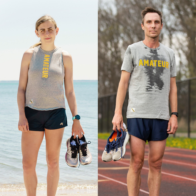 los atletas mary cain y nick willis posan con su nueva equipación de tracksmith