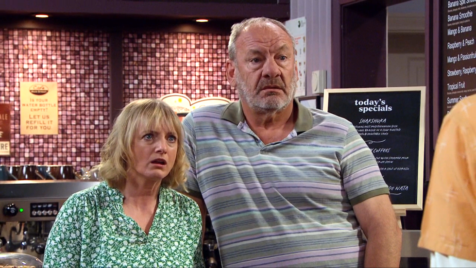 nicola and jimmy king in the cafe, emmerdale