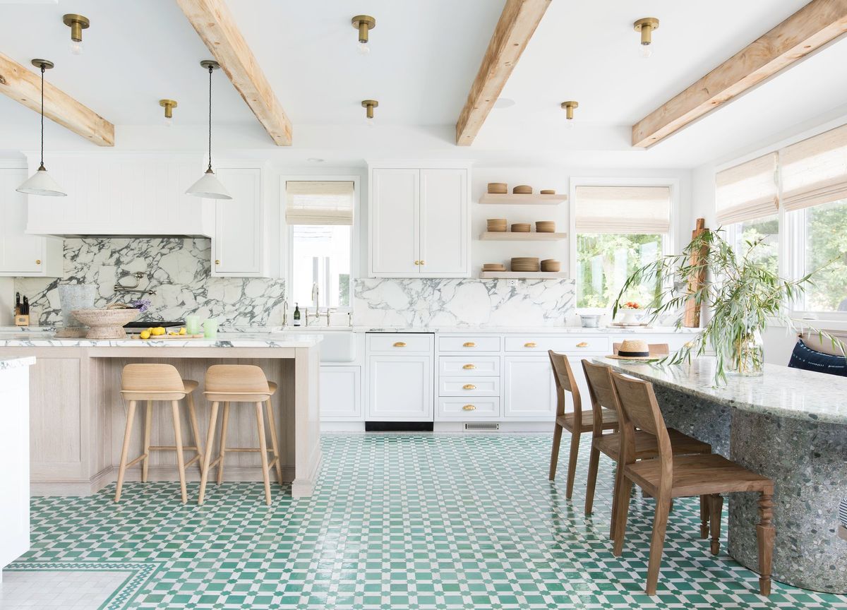 kitchen interior with open shelves, marble backsplash, aqua tiled floor