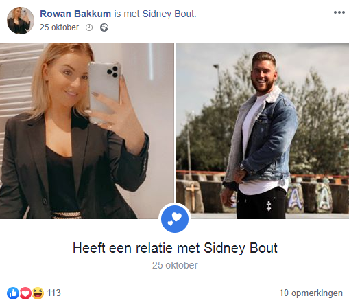 Sidney Bout en zijn nieuwe vriendin Rowan Bakkum op Facebook