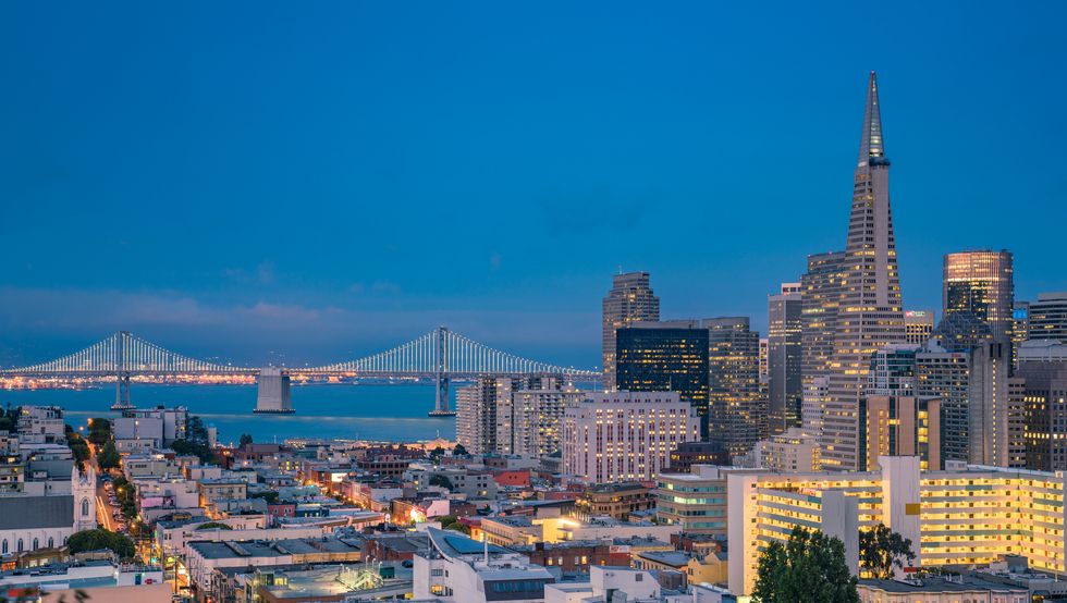 Night over San Francisco Downtown and Bay Bridge from Ina Coolbrith Park, USA (Dusk)