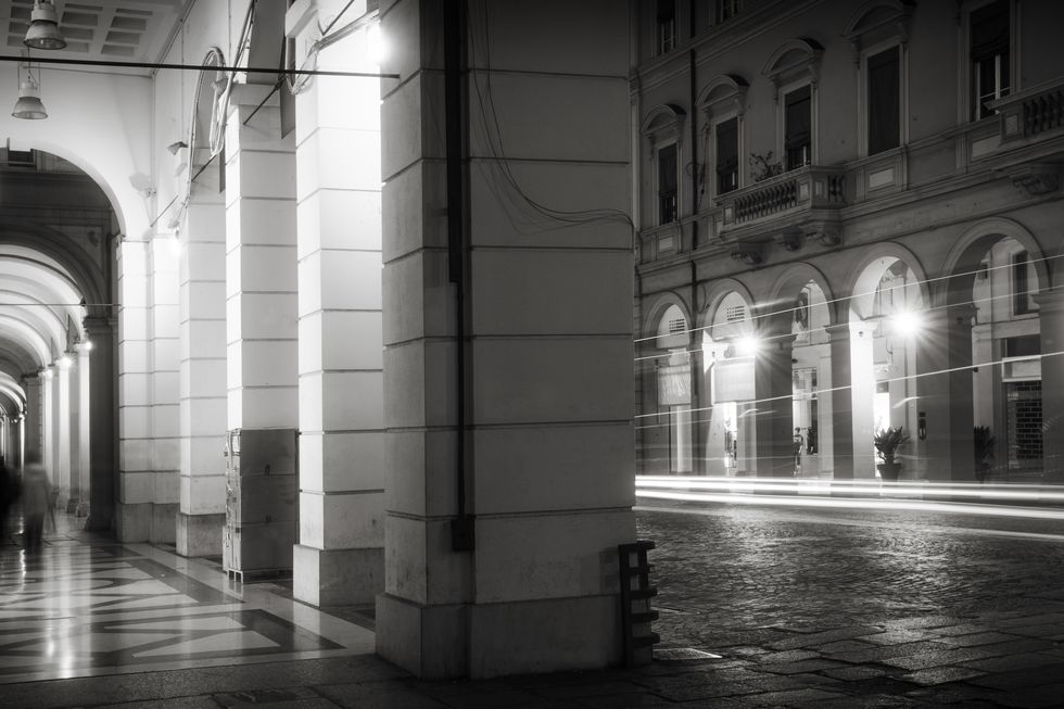 night scene in bologna in black and white
