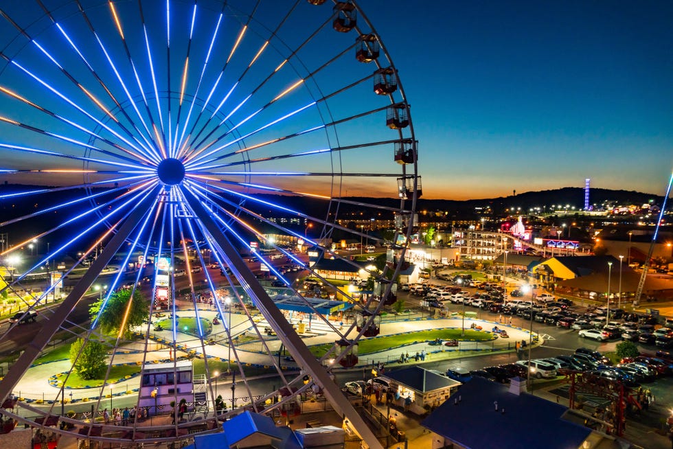 night summer aerial view of the branson ferris wheel in branson, missouri