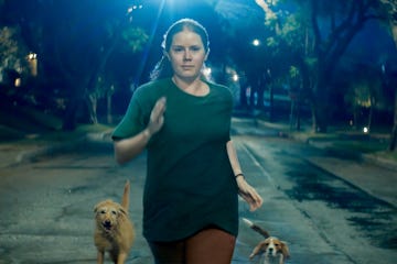 amy adams in nightbitch, a woman runs down a road at night with dogs running beside her