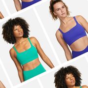 a composite image of three models wearing nike's yoga dri fit alate versa sports bra in pink, teal, and blue