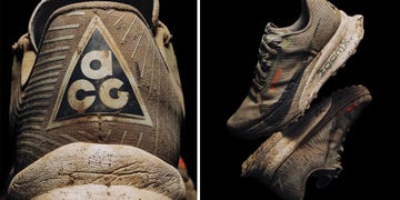 a pair of dirty nike trail shoes