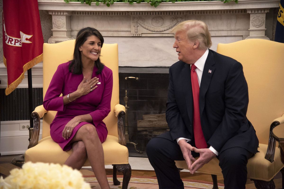 washington, dc   october 9 nikki haley, united states ambassador to the united nations, smiles as president donald trump compliments her after she announced her plan to resign at the end of the year in the oval office of the white house on october 9, 2018 in washington, dc photo by calla kesslerthe washington post via getty images