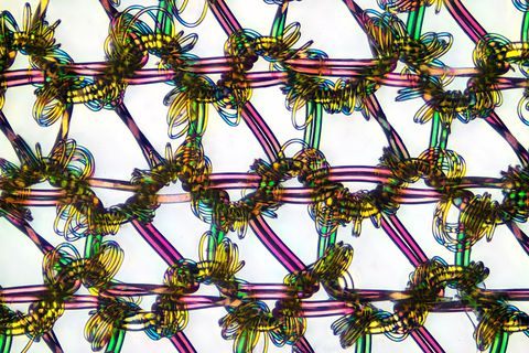 Dit iriserende net van in elkaar grijpende en draaiende filamenten is eigenlijk iets heel gewoons een nylon kous die minutieus is bestudeerd en opnieuw is vormgegeven door de Russische fotograaf Alexander Klepnev Dit is het enige winnende beeld dat niet van de natuur is gemaakt