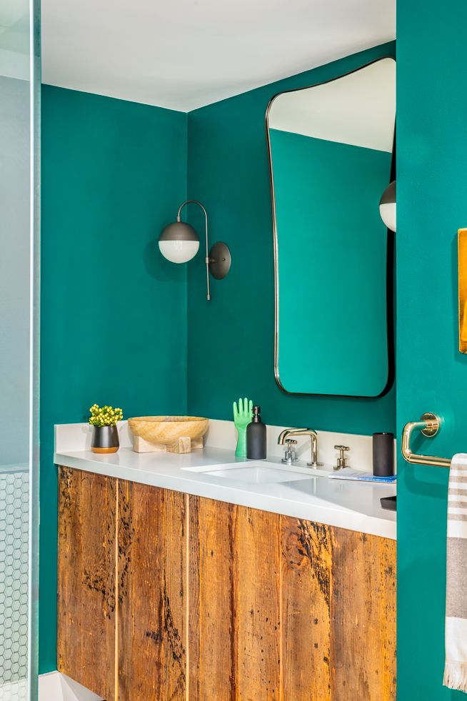 Green, Room, Bathroom, Turquoise, Yellow, Blue, Orange, Interior design, Furniture, Bathroom cabinet, 