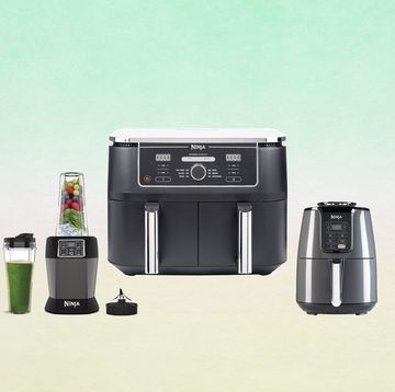 ninja airfryers and blenders shown against a pastel green, pink and yellow gradient background
