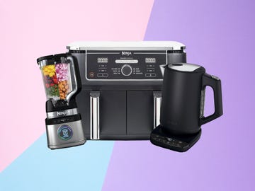 ninja blender, air fryer and kettle shown together against a multicoloured background
