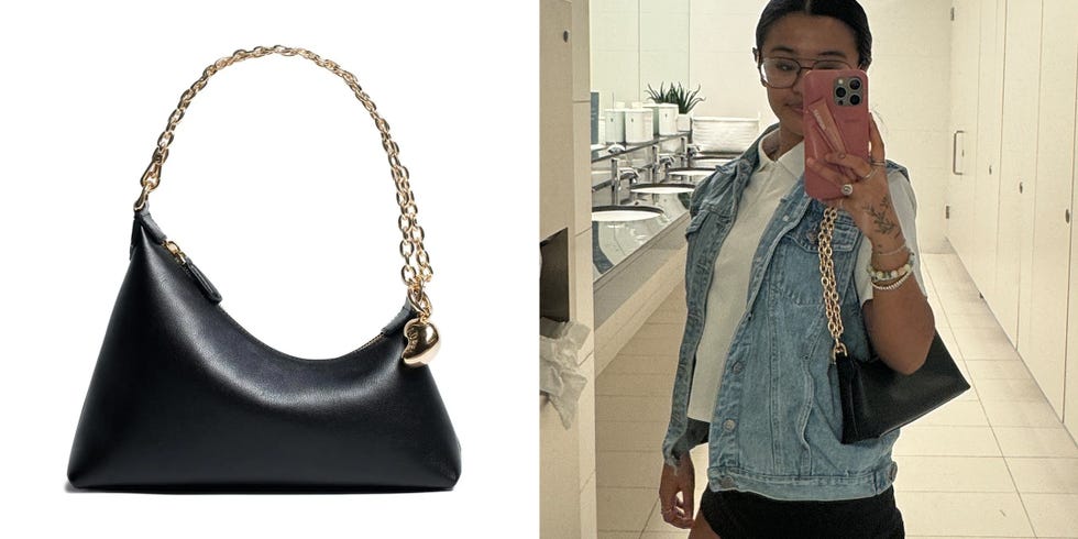 a black handbag with a gold chain strap showcased alongside a person holding it