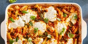 no boil baked chicken pasta in a white casserole dish