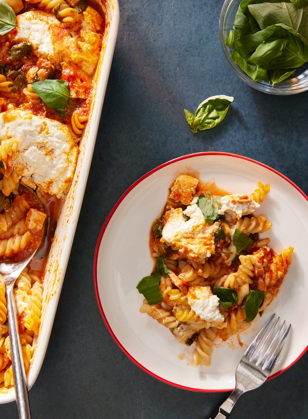 no boil baked chicken pasta in a white casserole dish