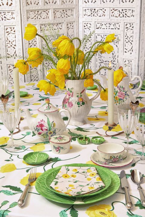 Yellow, Flower, Table, Spring, Cut flowers, Wildflower, Plant, Tableware, Tablecloth, Still life, 