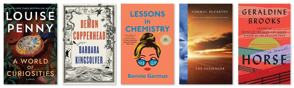 a world of curiosities, louise penny, demon copperhead, barbara kingsolver, lessons in chemistry, bonnie garmus, the passenger, cormac mccarthy, horse, geraldine brooks