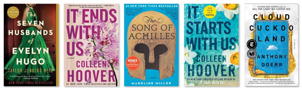 the seven husbands of evelyn hugo, taylor jenkins reid, it ends with us, colleen hoover, the song of achilles, madeline miller, it starts with us, colleen hoover, cloud cuckoo land, anthony doerr