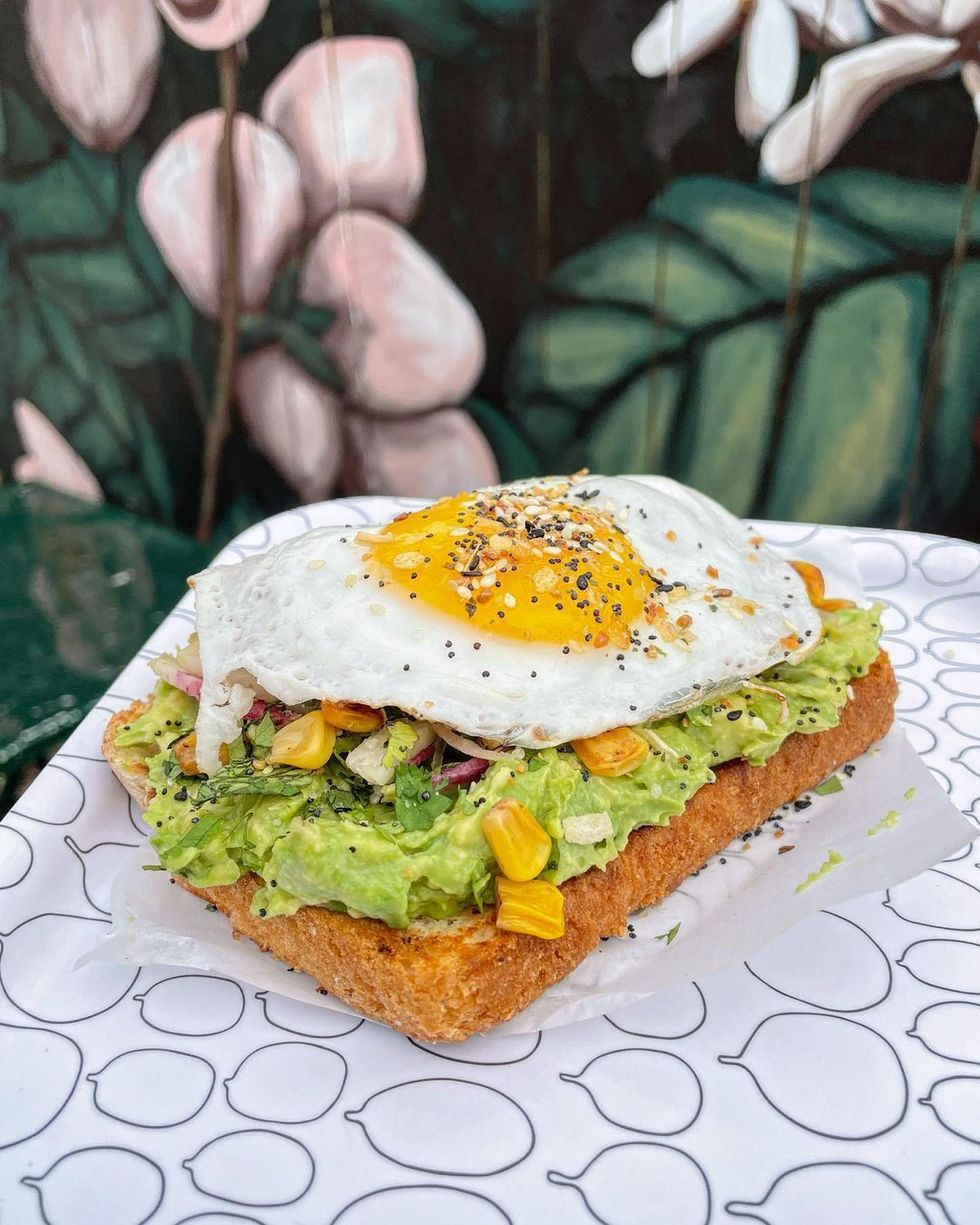 avocado toast with fried egg served at north fork roasting co