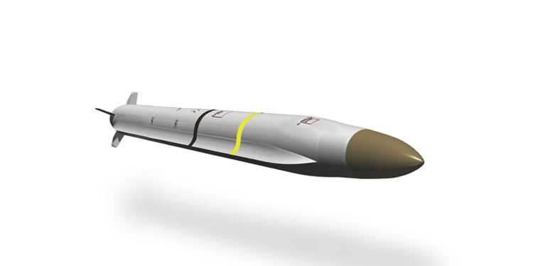 a rocket with a yellow stripe