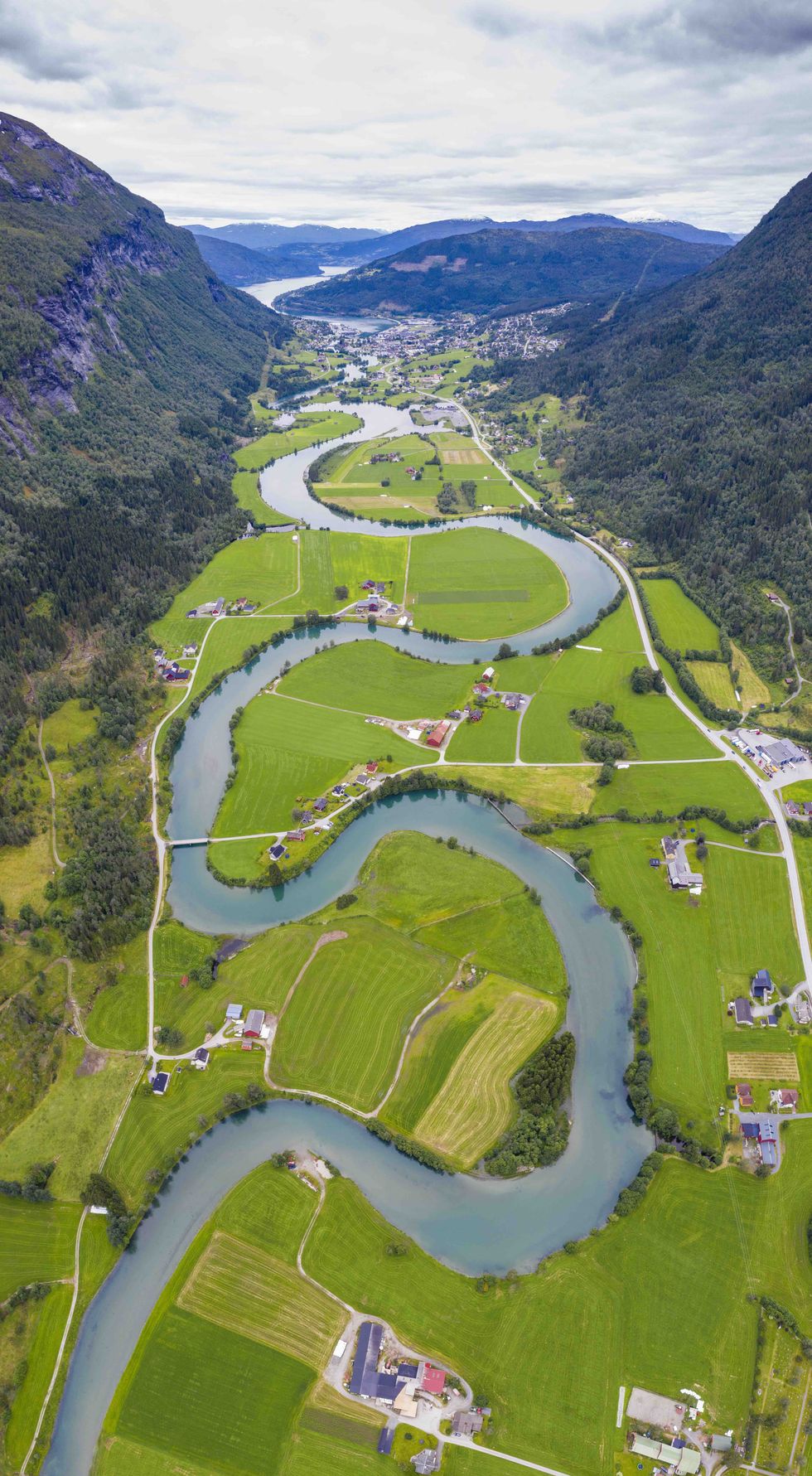 aerial view of stryneelva river, stryn, nordfjorden, sogn og fjordane county, norway