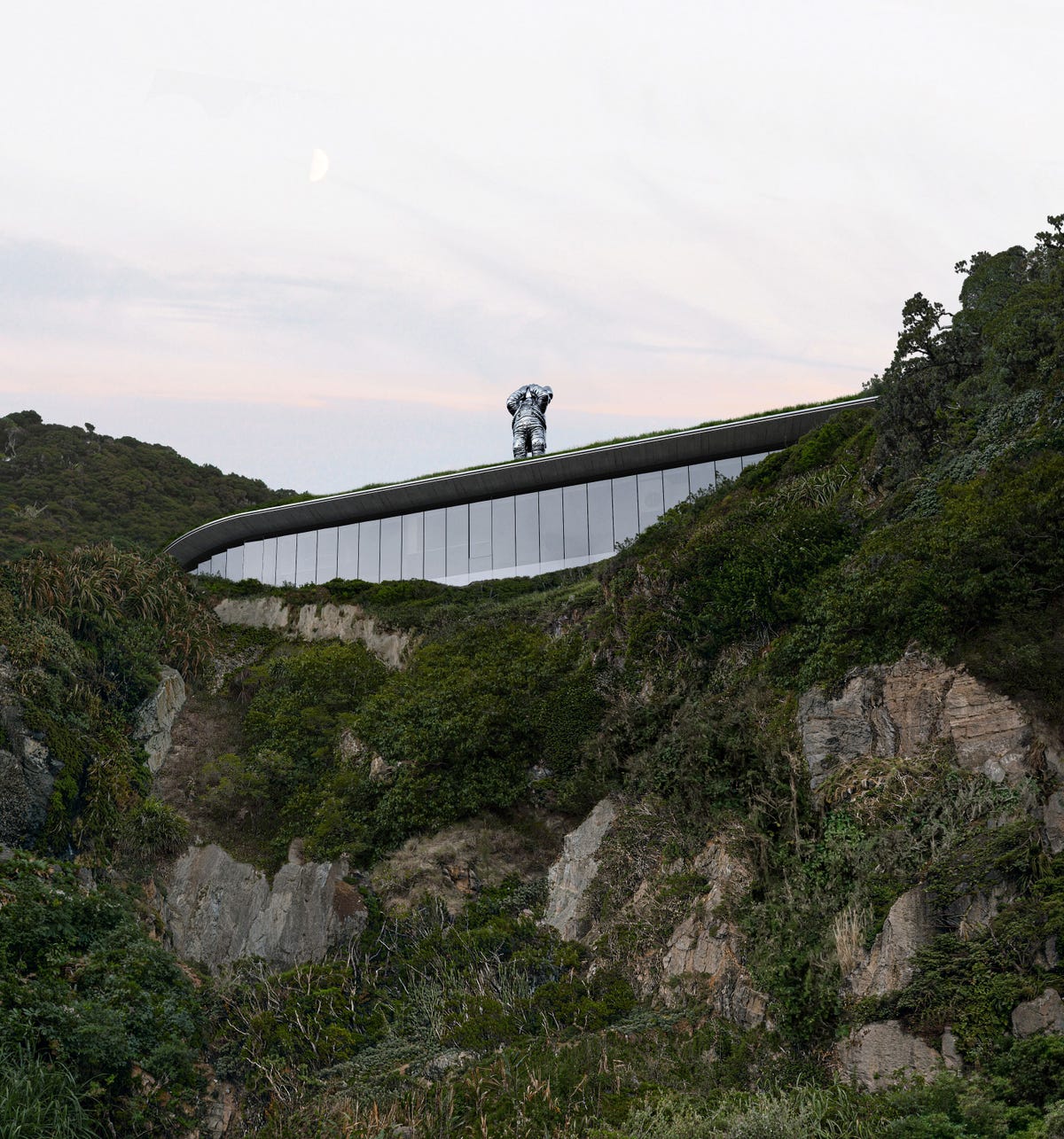 a person riding a bicycle on a bridge over a rocky area