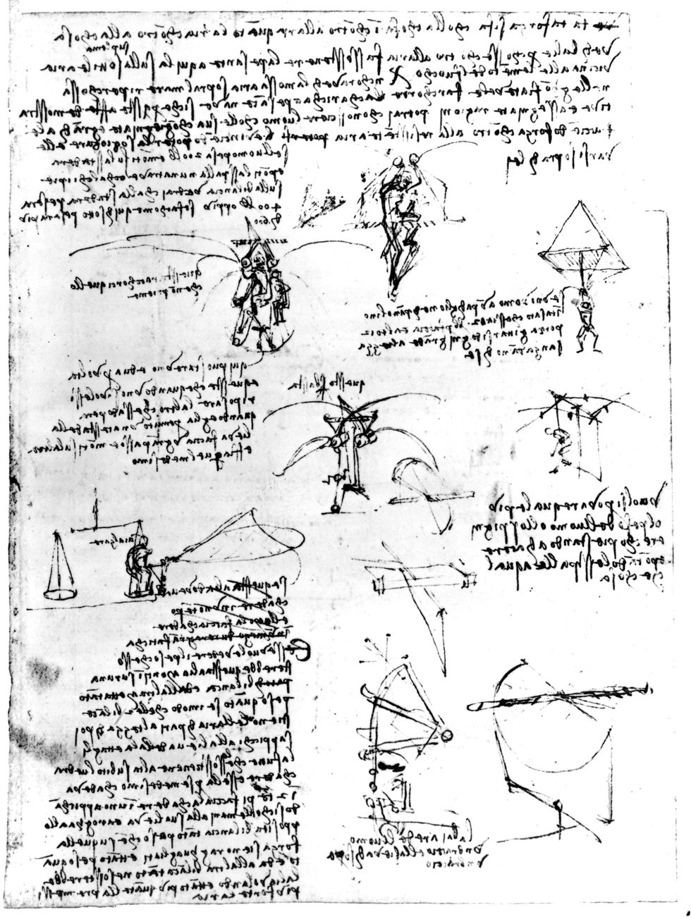 Parachute experiments on flying machine wings, 15th century.