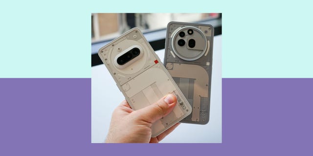 two smartphone backs held in a hand showcasing distinct designs and camera placements