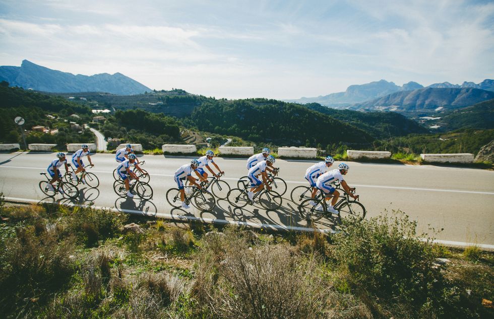 Team Novo-Nordisk cyclists on a training ride in the mountains.